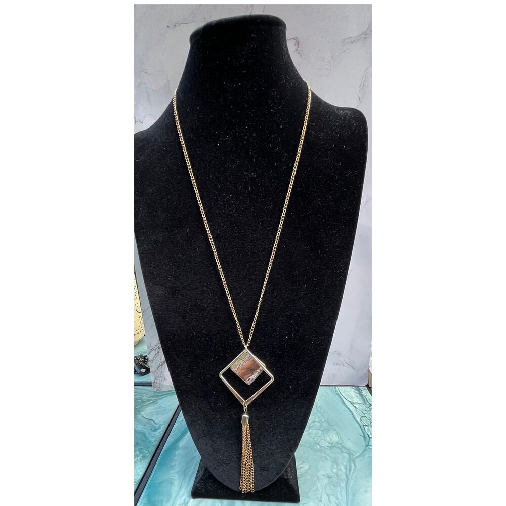 Long Gold Tone Fringe Geometric Pendent Tassel Necklace
